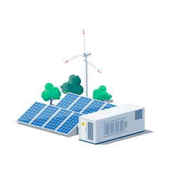 Battery energy storage power bank container with renewable energy power stations. Solar panels and wind turbine. Industry utility scale system for electricity distribution transmission grid. 