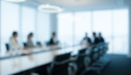 Fototapeta premium Blurred office background with business people in meeting room, abstract corporate environment for presentation backdrop, conference hall with team at work concept