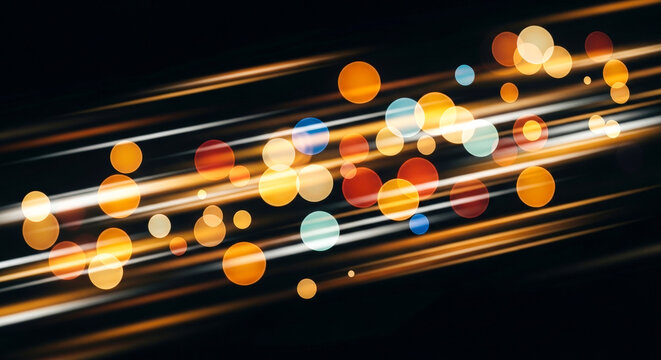 Abstract background with colorful bokeh lights and motion blur light trails, technology and speed concept for festive or modern design backdrop