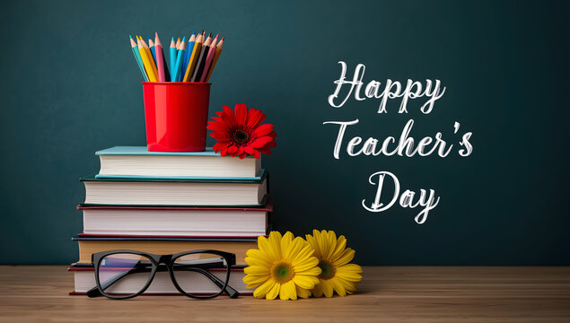 .Modern Classroom Still Life Red Container of Pencils, Floral Accents & “Happy Teacher’s Day”