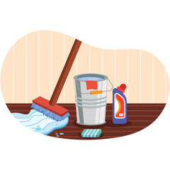 Cleaning floor mop, bucket with detergent vector