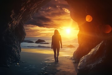 Person walking towards sunset on beach from a cave during evening hour