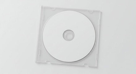 Blank compact disc in clear case on white background overhead view