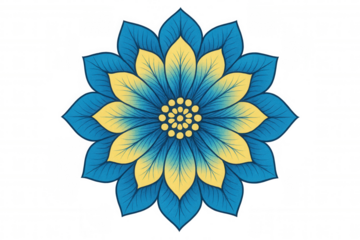 Stylized blue and yellow floral mandala illustration, symmetrical decorative blooming flower design with transparent background