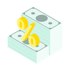 Isometric American dollar bills stacked in a pile issued by a bank at interest stacked in a pile. Isolated cartoon vector on white background top view
