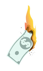 American paper dollar bill burns in the bright flames of inflation. Losses from high inflation and devaluation. Cartoon vector isolated on white background