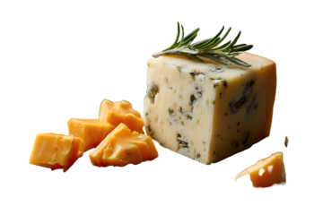 Cubed cheese with rosemary sprig, chunks alongside on a black background