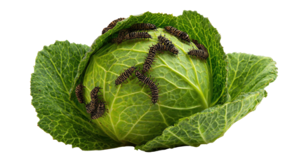 Vivid image of a green cabbage with numerous caterpillars crawling on its surface
