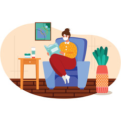 Woman with care mask reading book vector scene