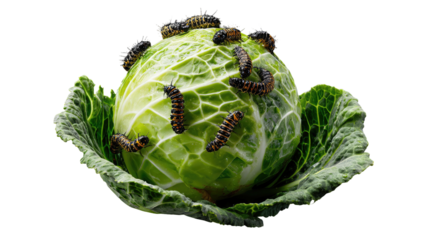 A green cabbage head with several orange and black caterpillars crawling all over the leaves