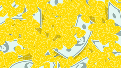 Pile of paper dollars and American gold coins mixed into one big pile. Backdrop for advertising of banking services. 3D vector background top view at an angle
