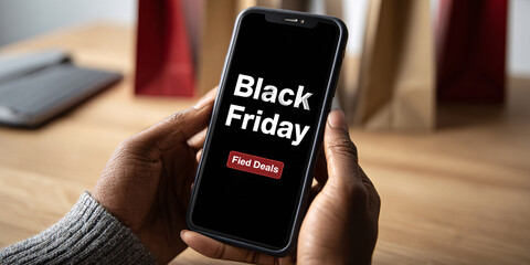 African American adult holding smartphone with Black Friday sale advertisement indoors, concept of online shopping and seasonal discount offers