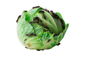 A head of fresh cabbage, teeming with numerous dark, long insects on its green leaves