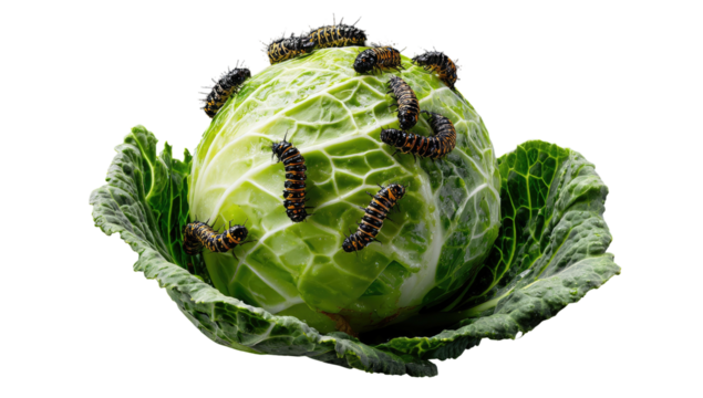 A green cabbage head with several orange and black caterpillars crawling all over the leaves