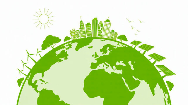 Green earth with cityscape and trees growing symbolizing sustainability and environmentalism