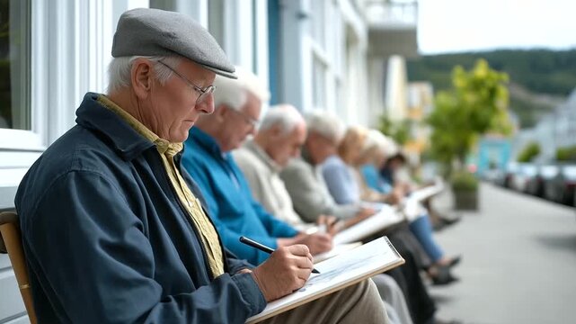 group of seniors and youth sketching local landscape on folding chairs natural light birdsong collaborative creativity three quarter wide angle cinematic color correction gentle