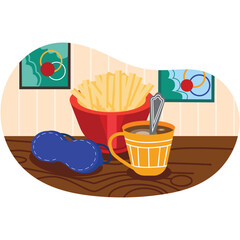 French fries in bowl, coffee cup and sleeping mask