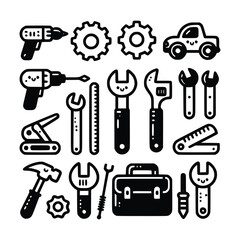 Fototapeta premium Cute Working Tools Vector Set in Black and White Vintage Style