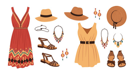 A collection of bohemian style clothing and accessories perfect for summer vacation.