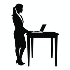 Silhouette illustration of a woman standing at a desk working on a laptop computer silhouette vector illustration white background