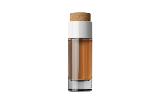 Small glass bottle with brown liquid and cork stopper for essential oils or cosmetic serum product shot on transparent background