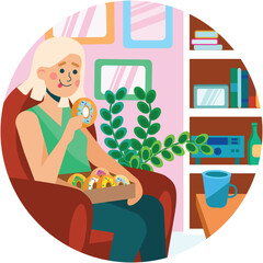 Woman eating donuts food dessert vector scene