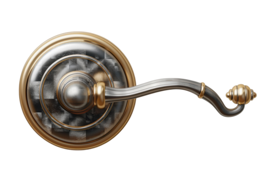 Elegant door handle crafted from brushed metal and gold accents design element on transparent background
