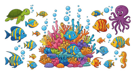 Underwater World A Colorful Illustration of Marine Life, Coral Reef, and Diverse Fish