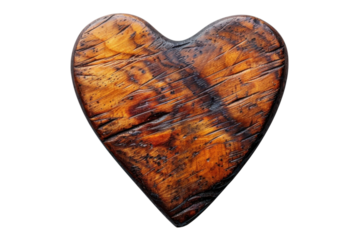 Rustic wooden heart with visible grain and texture against a for valentine's day on transparent background