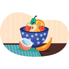 Fruit bowl vector dish with healthy food on table