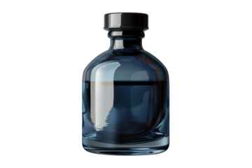 Elegant blue glass bottle with black cap showcasing minimalist design and liquid content on transparent background