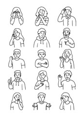 Set of young people in different poses and with different emotions. Sketches of people in different styles. Emotions of people. Vector illustration.