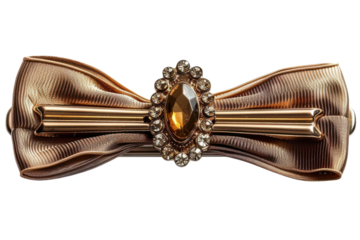 Elegant golden bow hair clip with a central amber gemstone and sparkling rhinestones for stylish women on transparent background