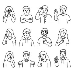 Set of young people in different poses and with different emotions. Sketches of people in different styles. Emotions of people. Vector illustration.
