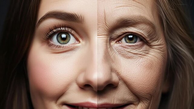 Human evolution shown with contrasting innocent youth and wise aged faces