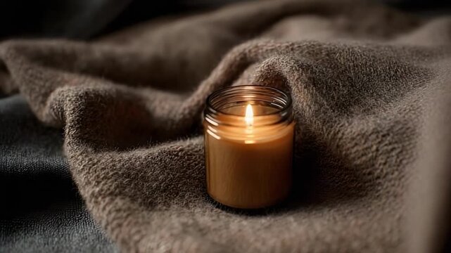 A lit candle in a small glass jar sits on a soft brown cloth, casting a warm, cozy glow.