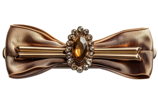 Elegant golden bow hair clip with a central amber gemstone and sparkling rhinestones for stylish women on transparent background