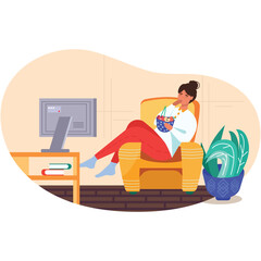 Woman eating fresh fruit watching tv vector