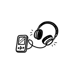 Drawn headphones. Listening to music. Sketch of a player with headphones. Vector illustration.