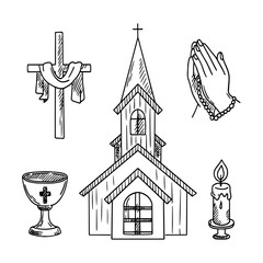 Set of elements about religion and church. Vector Christian paintings. Line illustrations of religious.