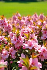 Fototapeta premium Blooming branches and vibrant flowers on a serene landscape, representing new beginnings and growth Close up of delicate pink cherry blossoms and vibrant green leaves on graceful branches, with a