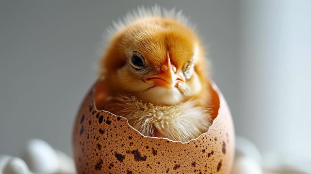 New chick hatching from a speckled egg. A fuzzy chick breaks out of its speckled egg, marking the start of its life on a sunny day in a cozy setting.