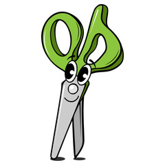 Children's scissors with green handles, a drawn Groovy character with eyes