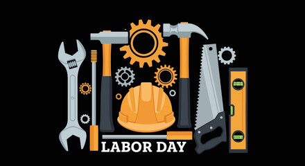Vector illustration of industrial work tools including a hard hat, hammers, and a saw arranged for a Labor Day celebration concept