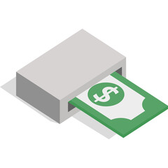 Isometric illustration of a gray machine dispensing a green dollar bill with a white dollar sign against a transparent background symbolizing financial 