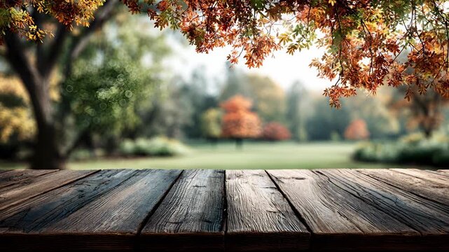 Rustic Wet Wooden Table with Blurred Autumn Park Background for Product Display