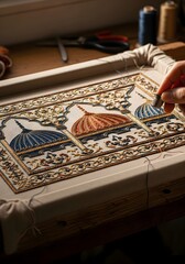 Skillful Hand Applying Intricate Stitches To Traditional Fabric