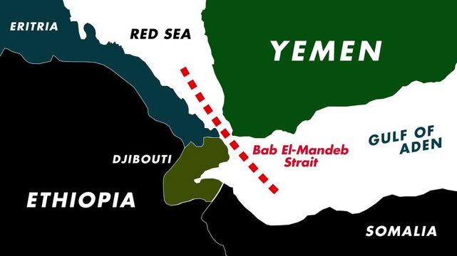 4K Map Animation Of Bab El Mandeb Strait Showing Forward Moving Red Dotted Line Route Across Yemen, Djibouti, And Labeled Red Sea And Gulf Of Aden