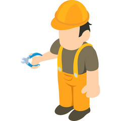 Isometric illustration of a construction worker wearing an orange hard hat and yellow overalls holding a blue wrench and pliers with a clean white background and no visible imperfections