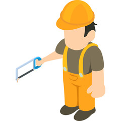 Isometric Illustration of a Construction Worker in Yellow Overalls and Orange Hard Hat Holding a Saw Tool Against a Transparent Background